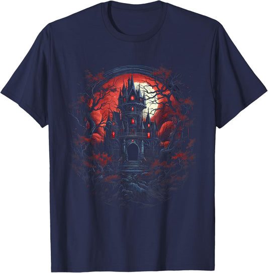 Eerie Vampire Castle and Dracula Haunted Fortress T-Shirt - T-Shirt | Navy