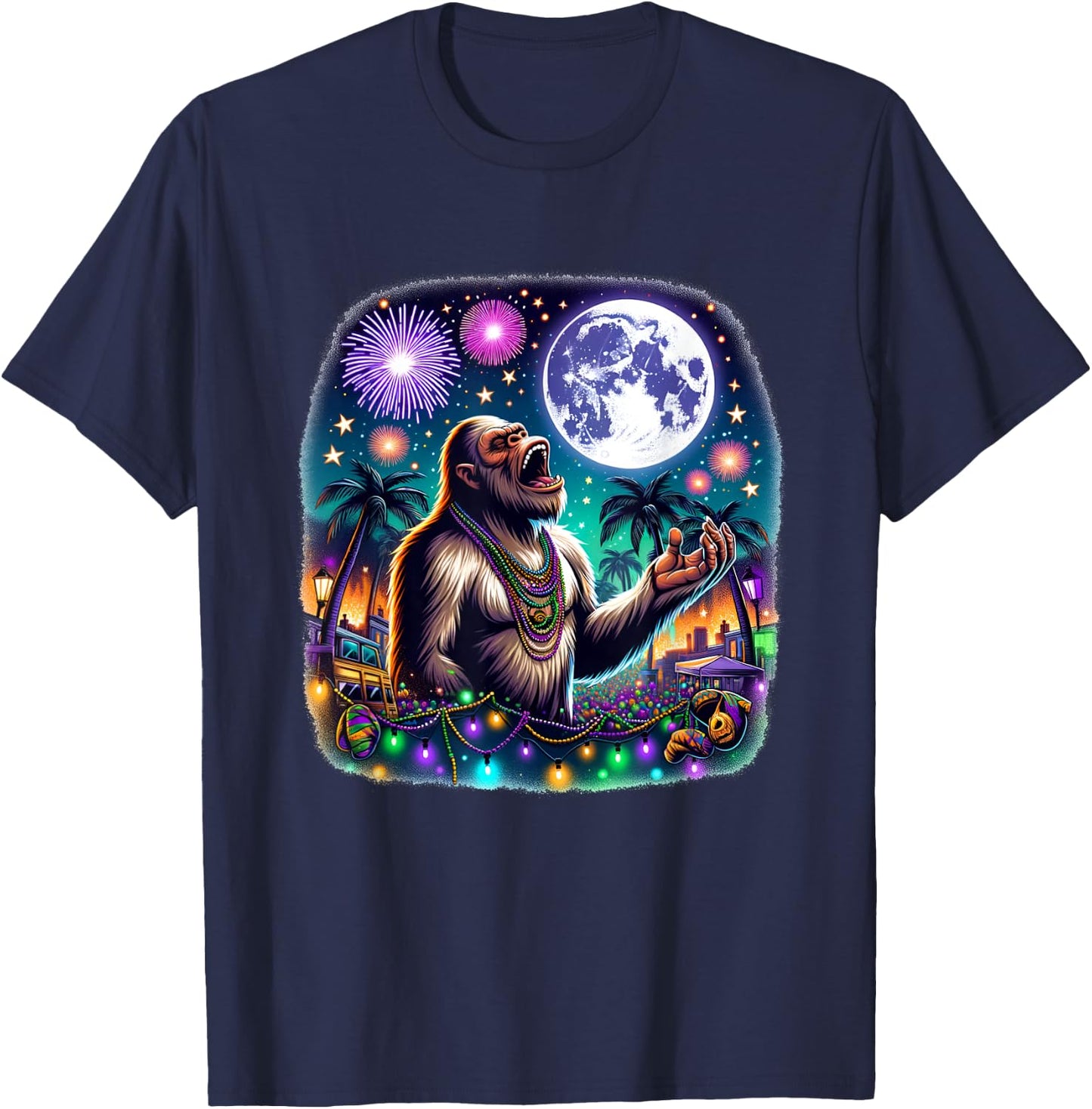 Bigfoot Meets Moon Over Mardi Gras New Orleans Fun T-Shirt - T-Shirt | Navy