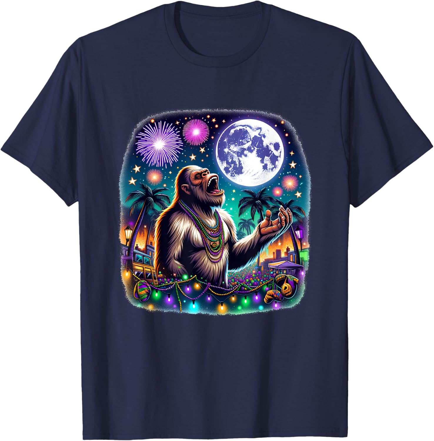 Bigfoot Meets Moon Over Mardi Gras New Orleans Fun T-Shirt - T-Shirt | Navy