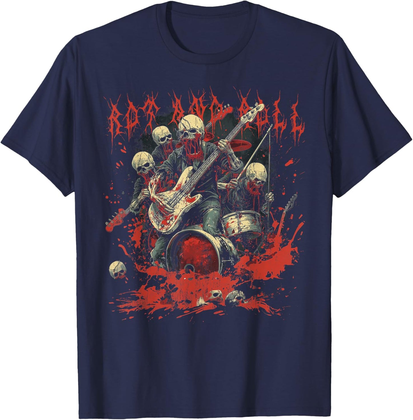 Rock and Blood Zombie Rock Band Rock n Roll Guitar T-Shirt - T-Shirt | Navy