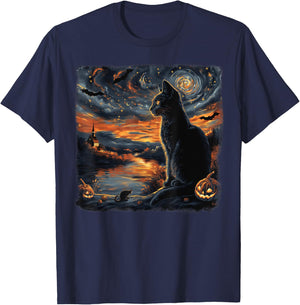 Halloween Van Gogh Starry Night Black Cat Pumpkins Bats Women Kids T-Shirt - T-Shirt | Navy