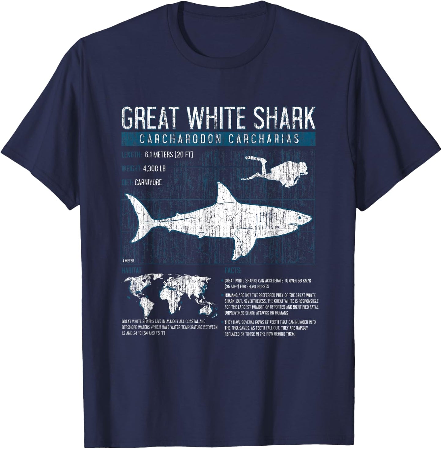Great White Shark T Shirt Science Sharks Facts Geek Graphic T-Shirt - T-Shirt | Navy