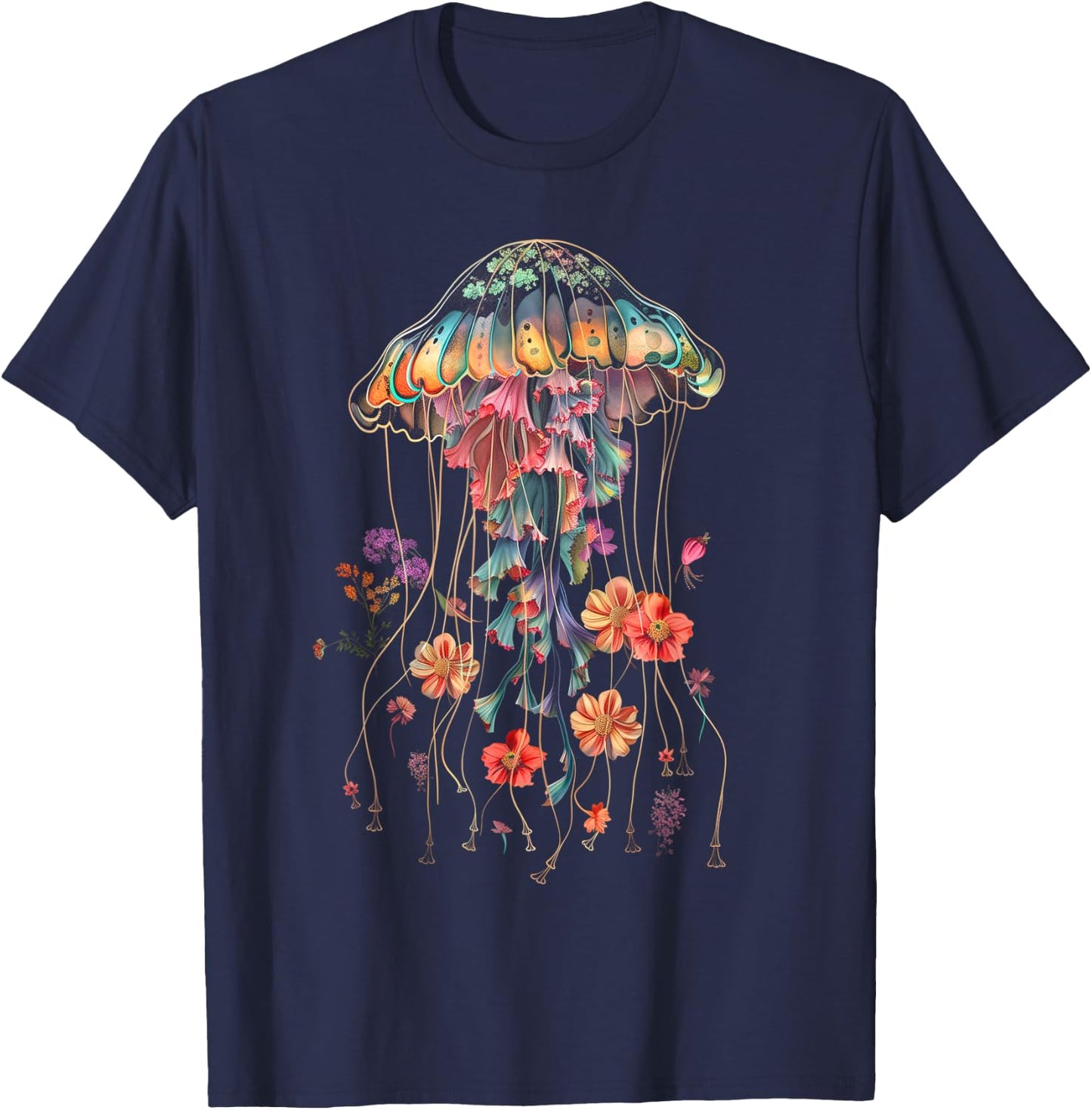 Jellyfish Flowers Vintage Floral Scuba Diving Surf T-Shirt - T-Shirt | Navy