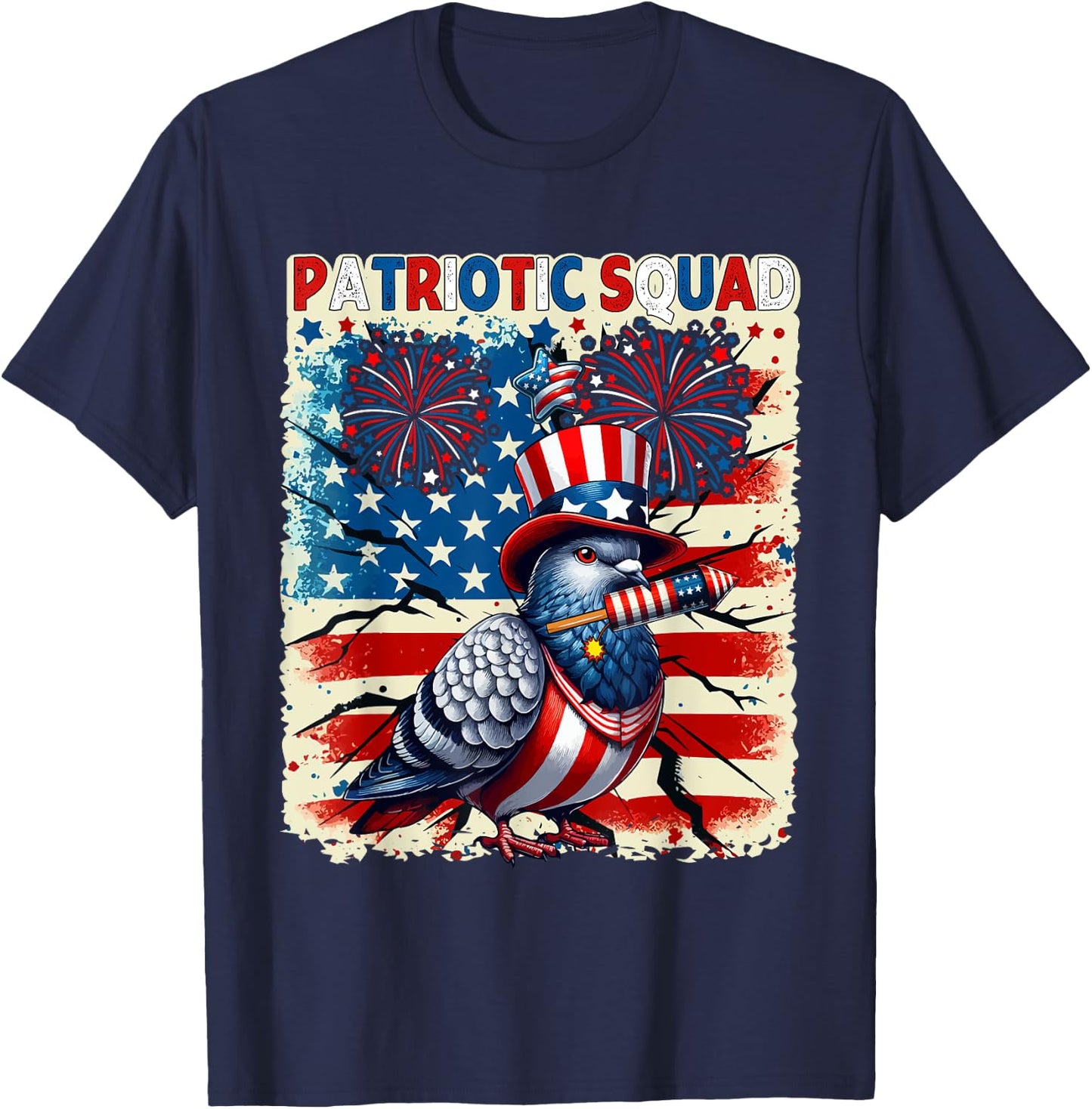 Patriotic Squad Pigeon 4th Of July Fireworks US Flag Lover T-Shirt - T-Shirt | Navy