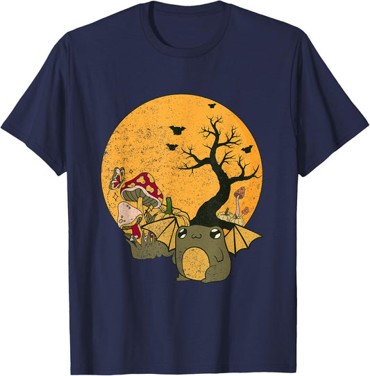 Frog Bat Cottagecore Aesthetic Halloween Mushroom Pumpkin T-Shirt - T-Shirt | Navy