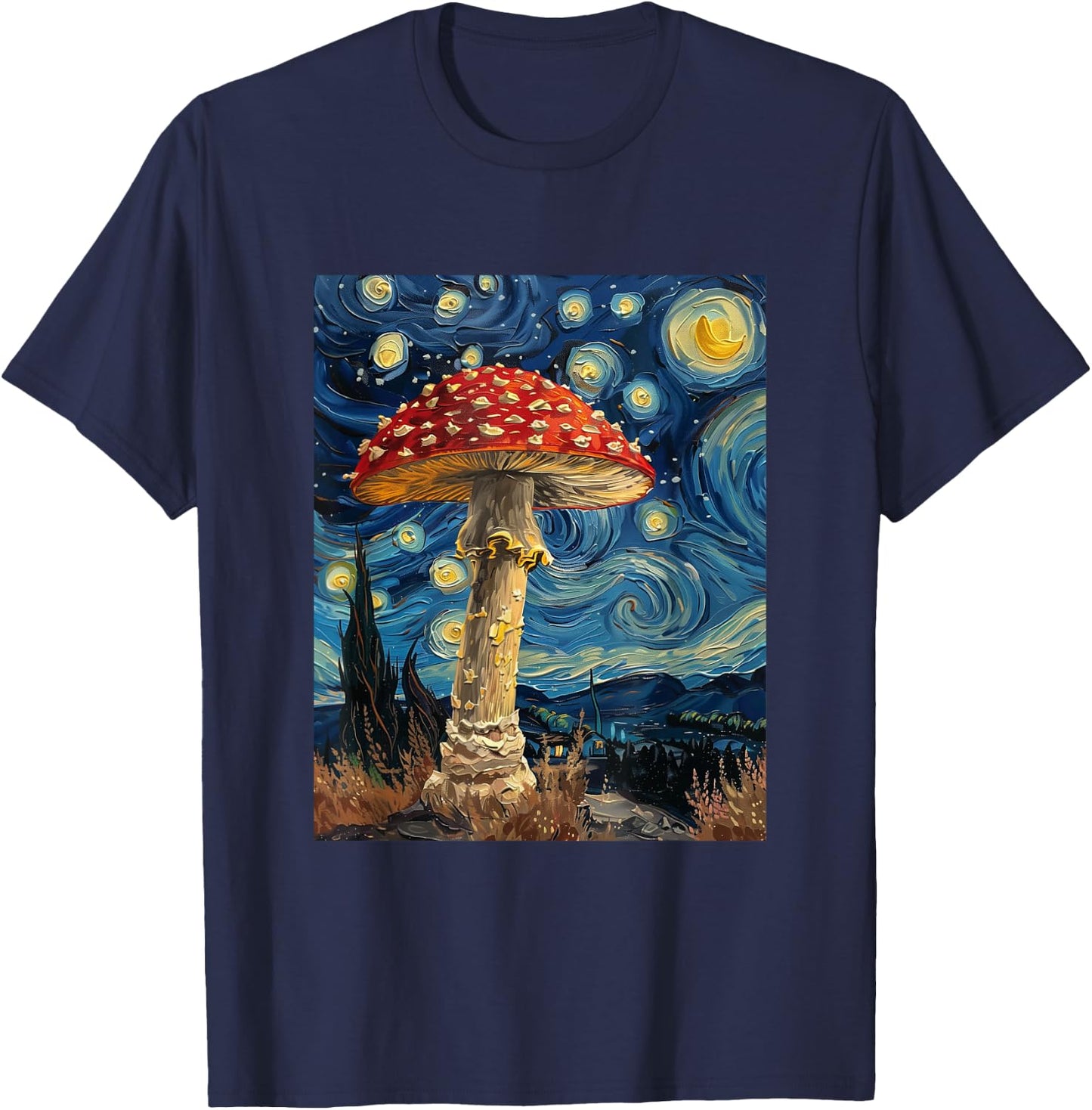 Mushroom - Van Gogh Style - Starry Night T-Shirt - T-Shirt | Navy