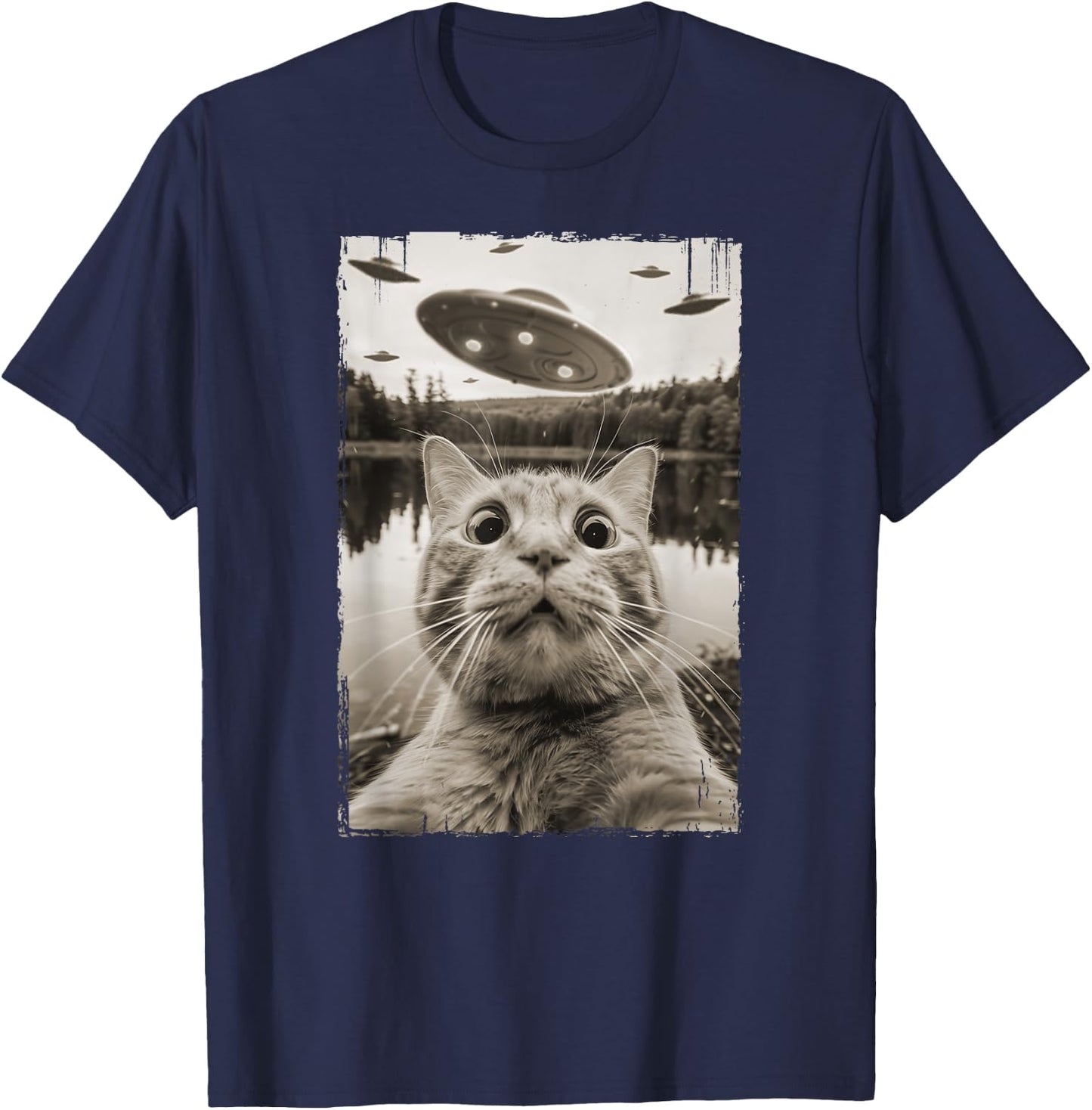 Vintage Cat UFO Encounters - Funny UFO and Cat Selfie Women Kids T-Shirt - T-Shirt | Navy