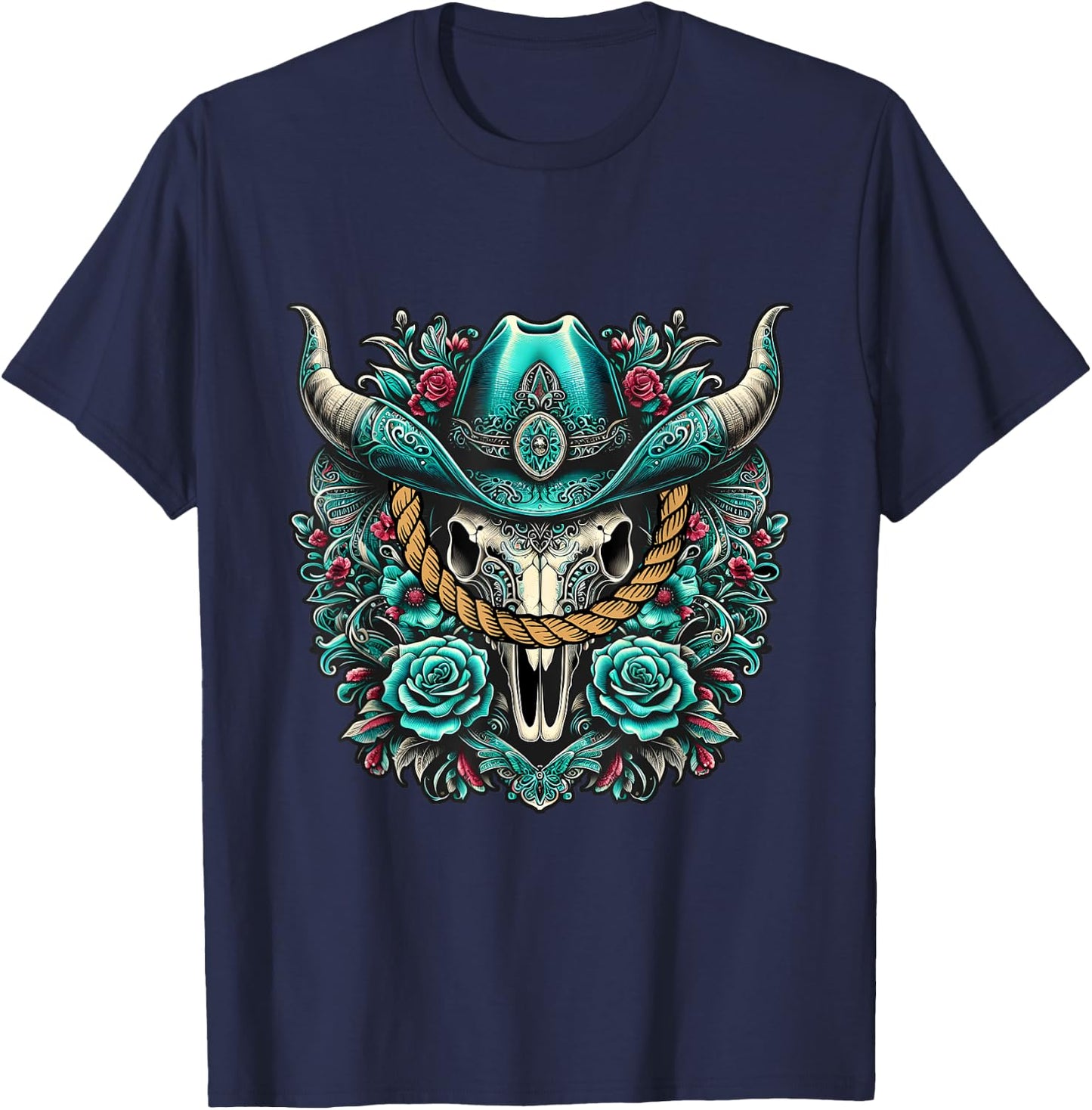 Turquoise Cow Skull Western Graphic Bull Skull Rodeo Queen T-Shirt - T-Shirt | Navy