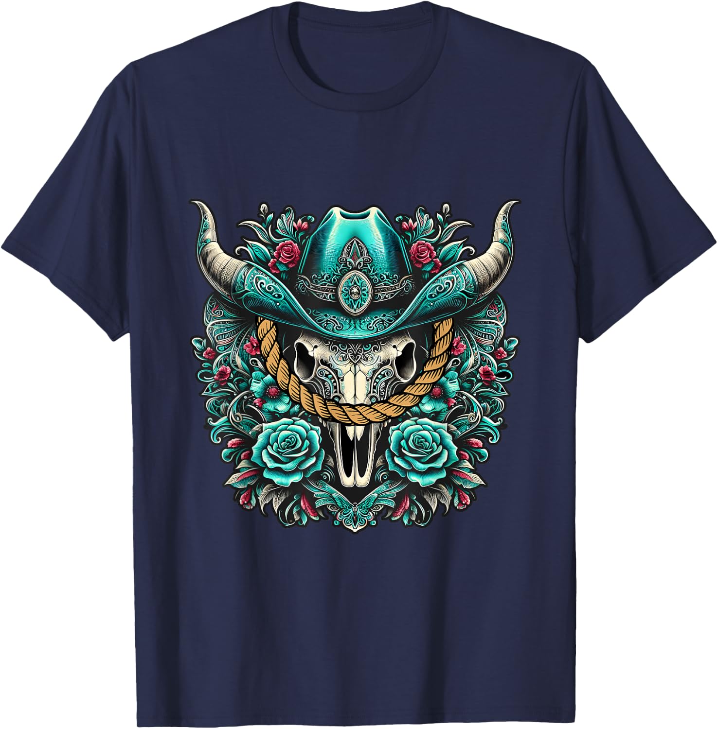 Turquoise Cow Skull Western Graphic Bull Skull Rodeo Queen T-Shirt - T-Shirt | Navy
