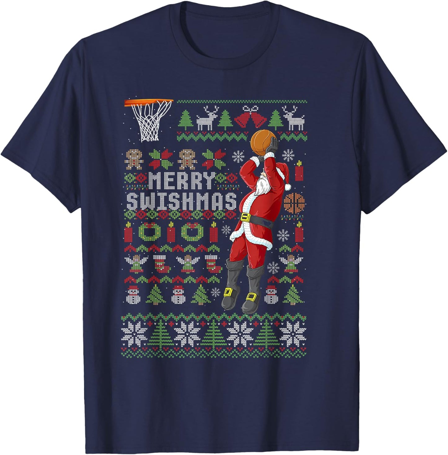 Merry Swishmas Ugly Christmas Basketball Christmas T-Shirt - T-Shirt | Navy