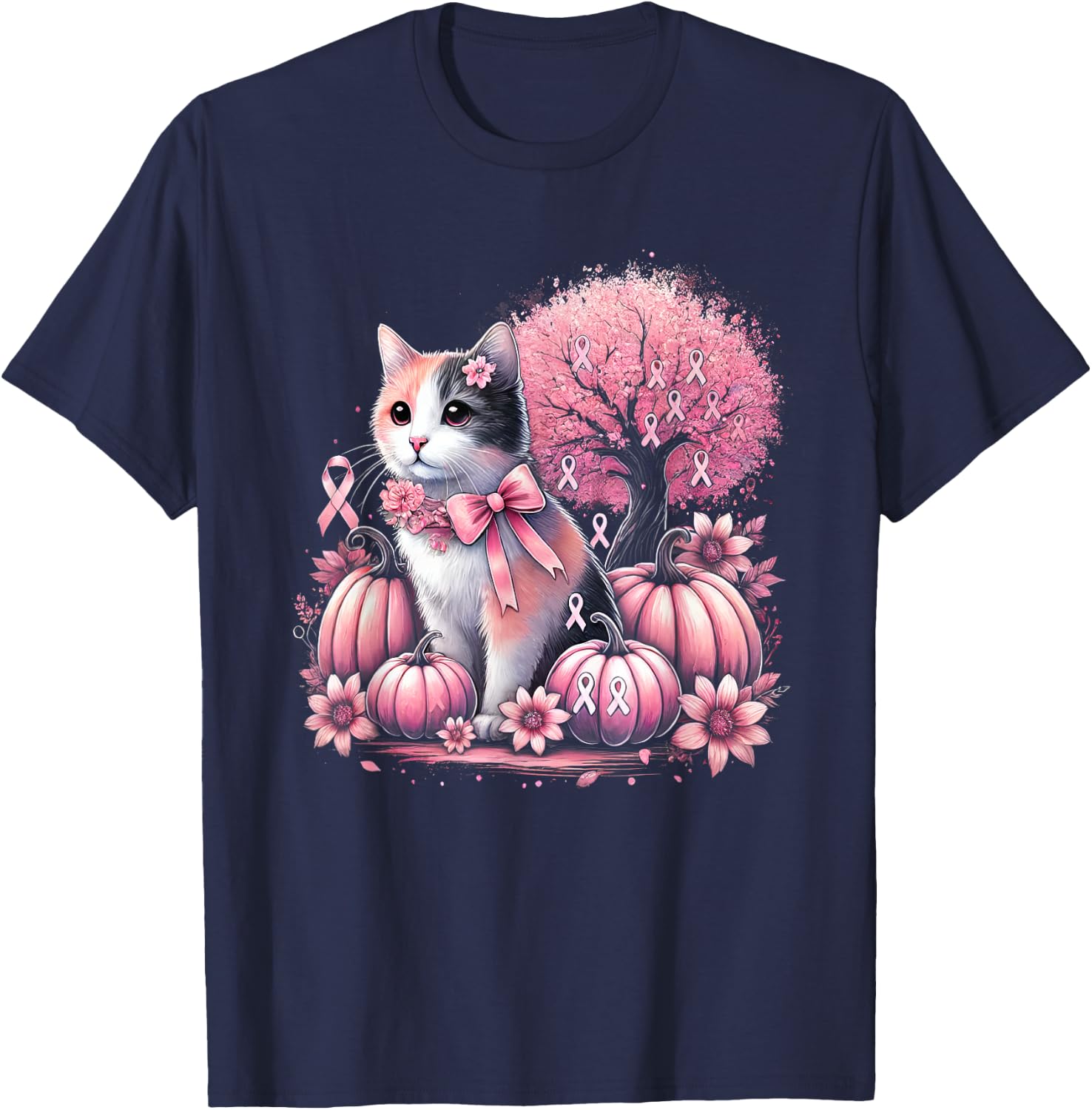 Cat Pink Flower Breast Cancer Awareness Men Women Kids T-Shirt - T-Shirt | Navy
