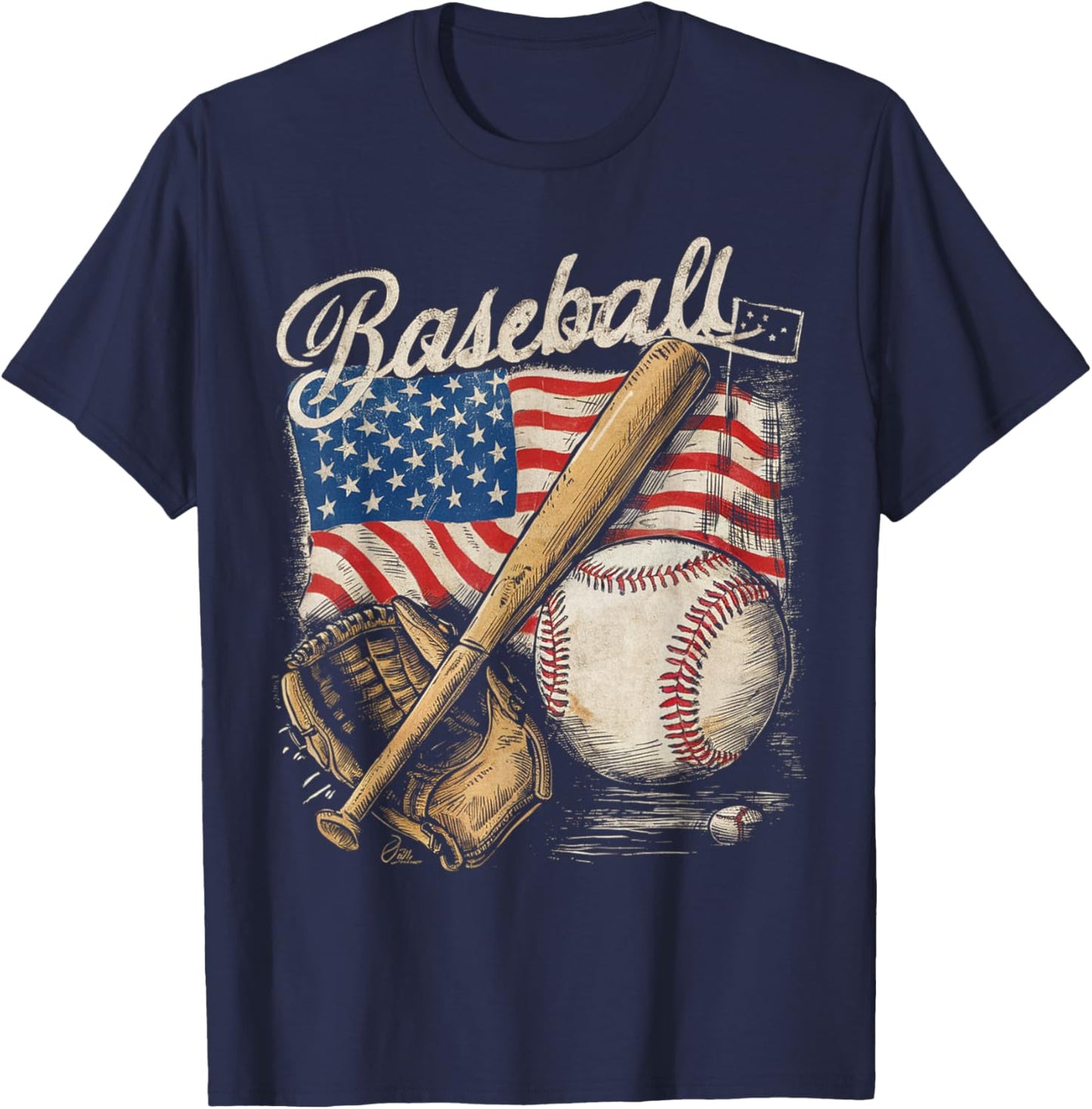 American Flag Baseball Player Bat Fan Catcher Pitcher USA T-Shirt - T-Shirt | Navy
