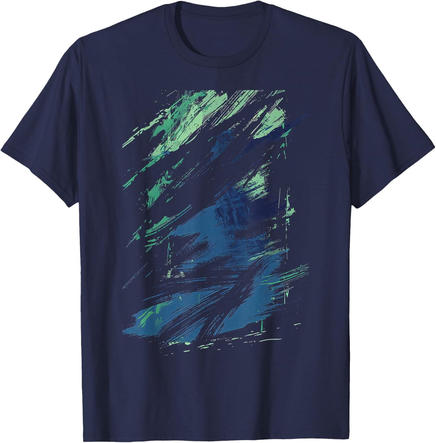 Blue And Green Brushstroke Art Graphic T-Shirt - T-Shirt | Navy