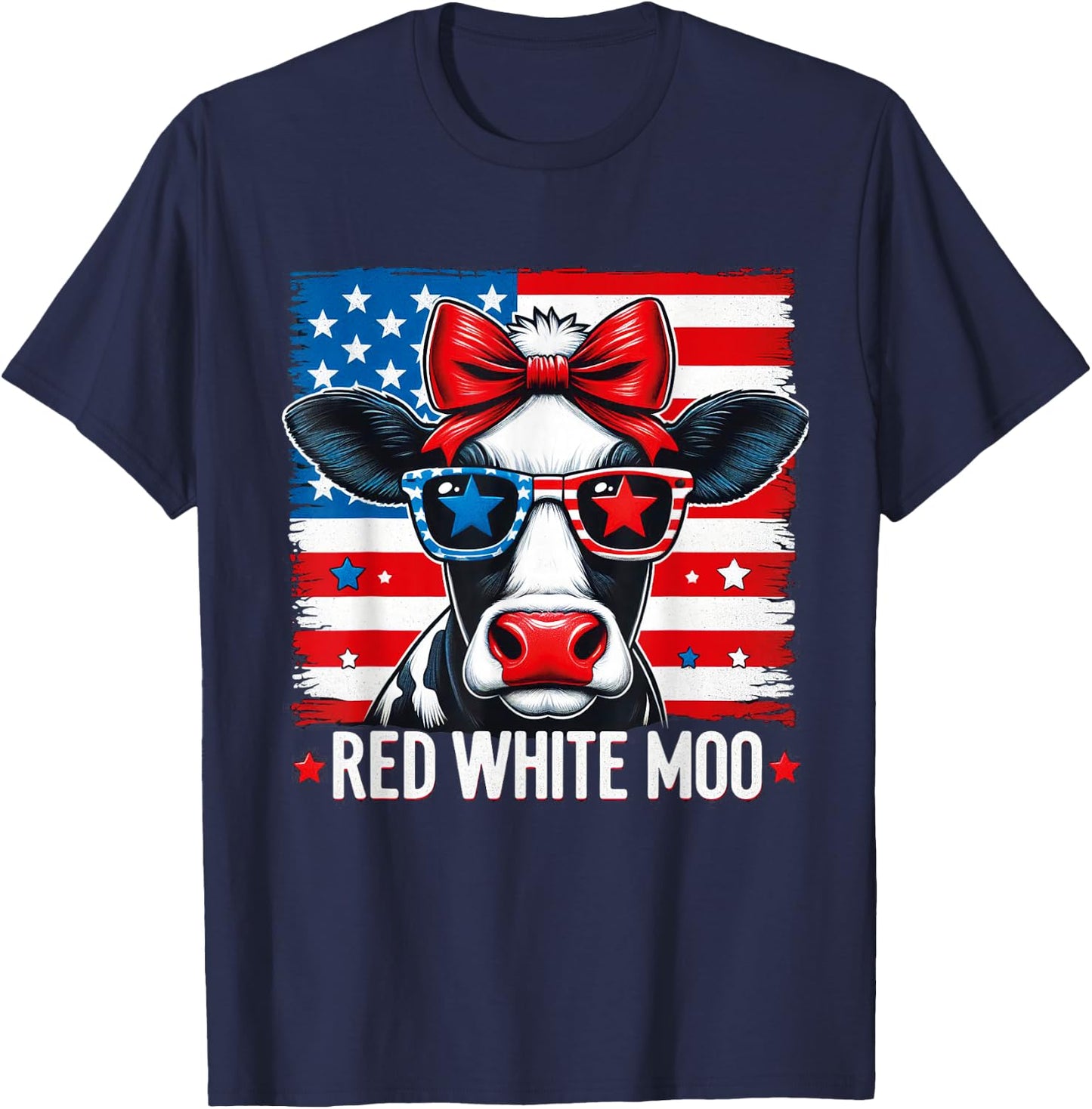 Patriotic Cow USA Flag 4th of July Red and White and Moo T-Shirt - T-Shirt | Navy