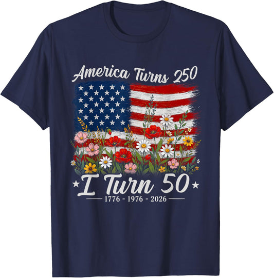 Floral America Turns 250 I Turn 50 1976 50th Birthday Women T-Shirt - T-Shirt | Navy
