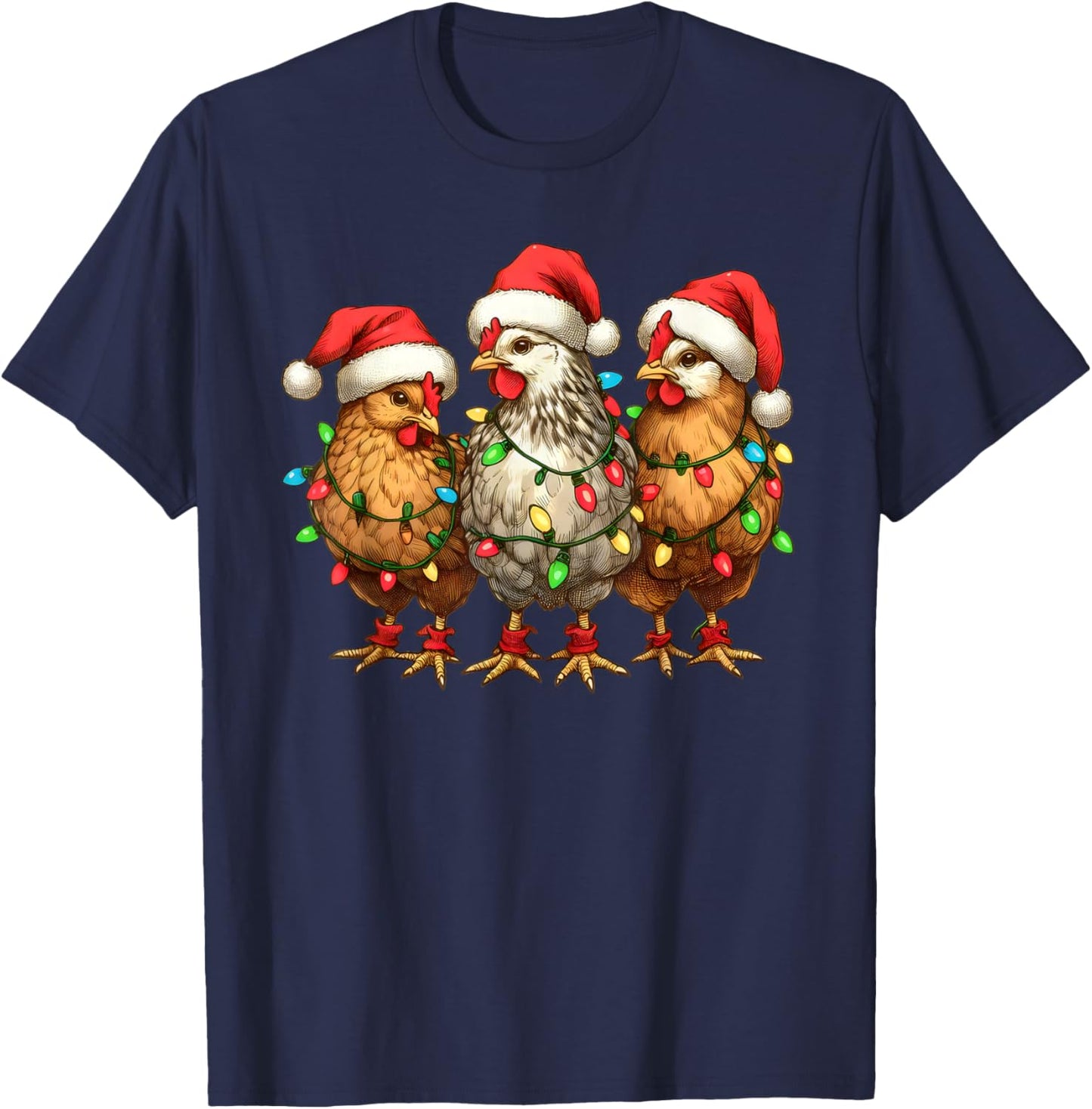 Christmas Chicken Santa Christmas Lights Chicken Xmas Tree T-Shirt - T-Shirt | Navy