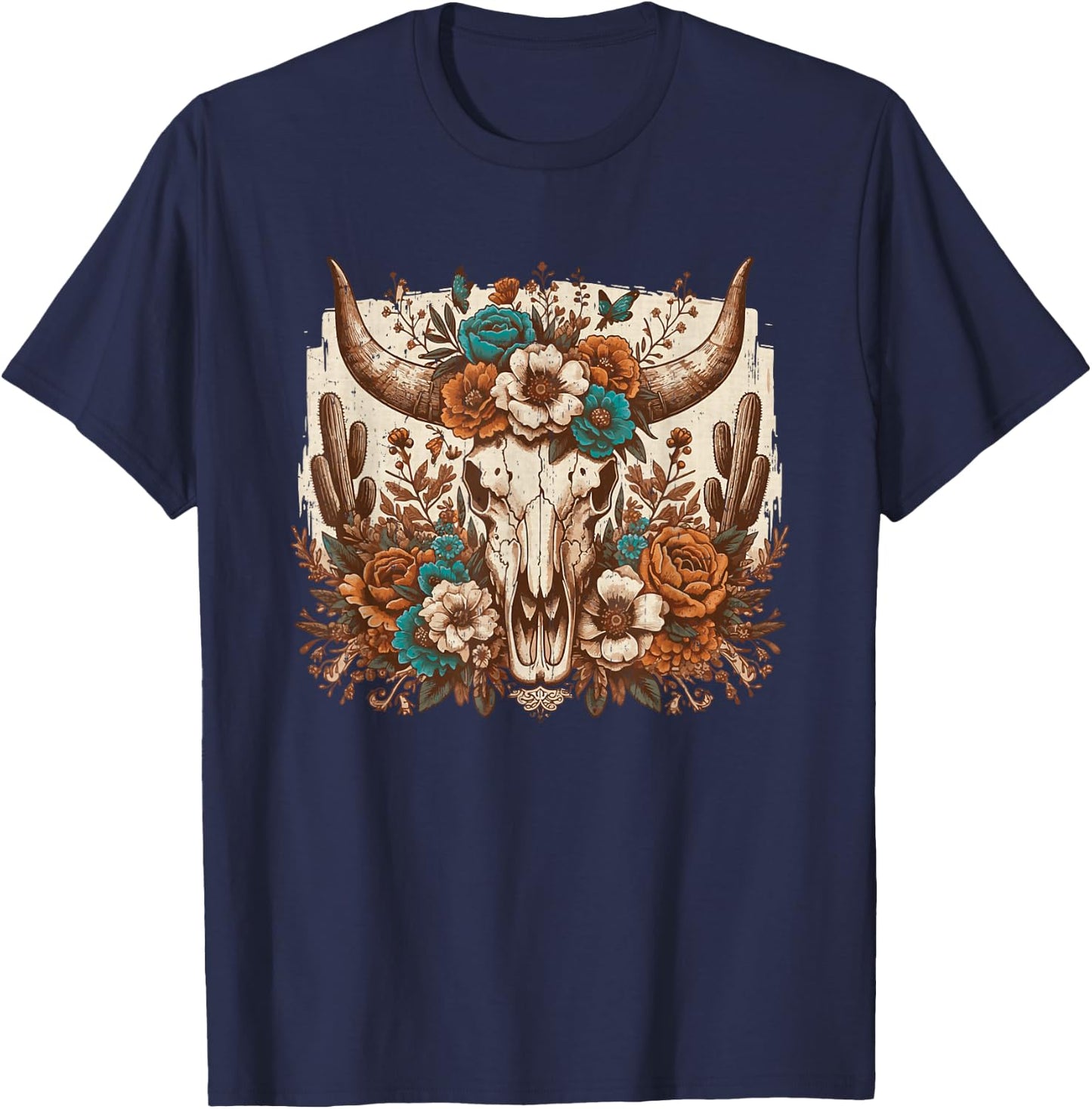 Western Boho Cow Bull Skull Flowers Wild West Country T-Shirt - T-Shirt | Navy