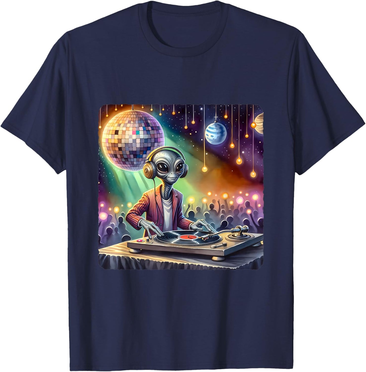 Alien Dj Under Mirror Ball Moon. Turntable Planets Lights T-Shirt - T-Shirt | Navy