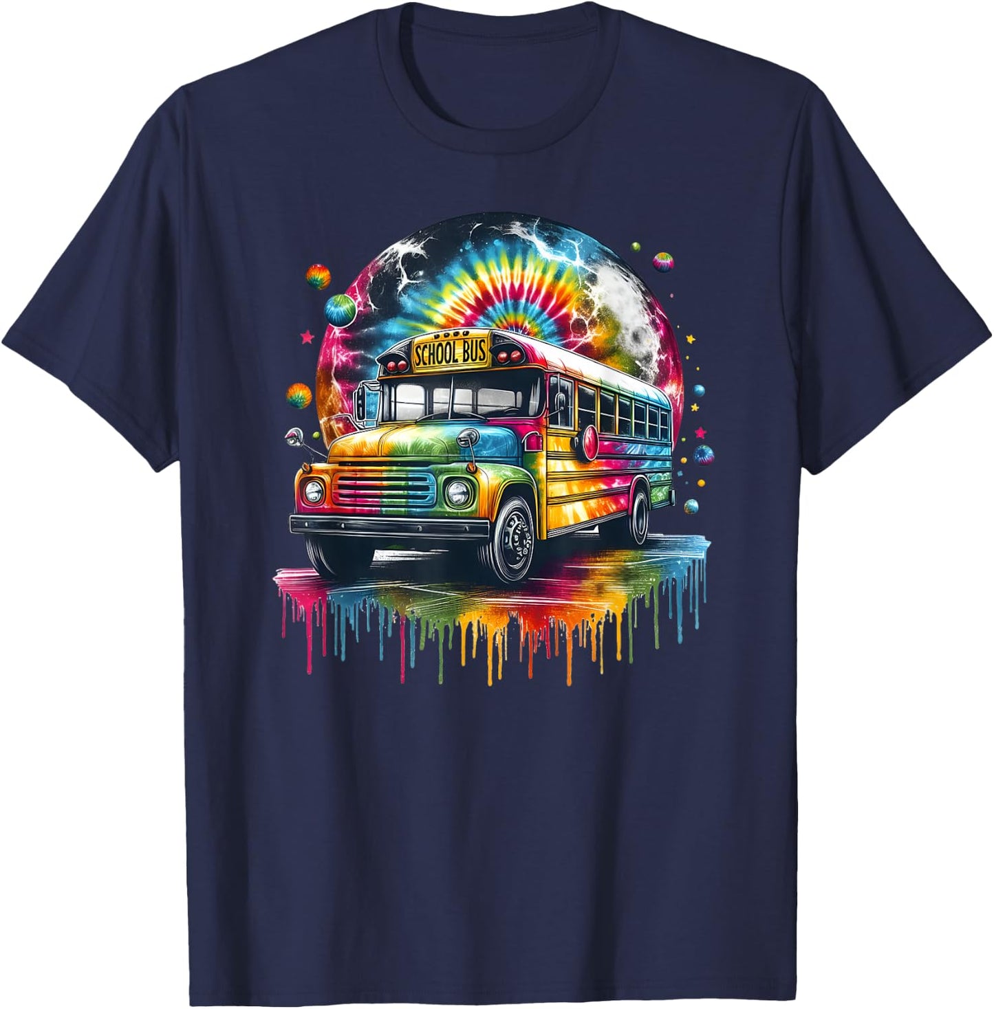 Tie Dye School Bus Art Psychedelic Retro Colors Futuristic T-Shirt - T-Shirt | Navy