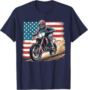 Dirt Bike American Flag Motocross Biker Men Boys Vintage USA T-Shirt - T-Shirt | Navy