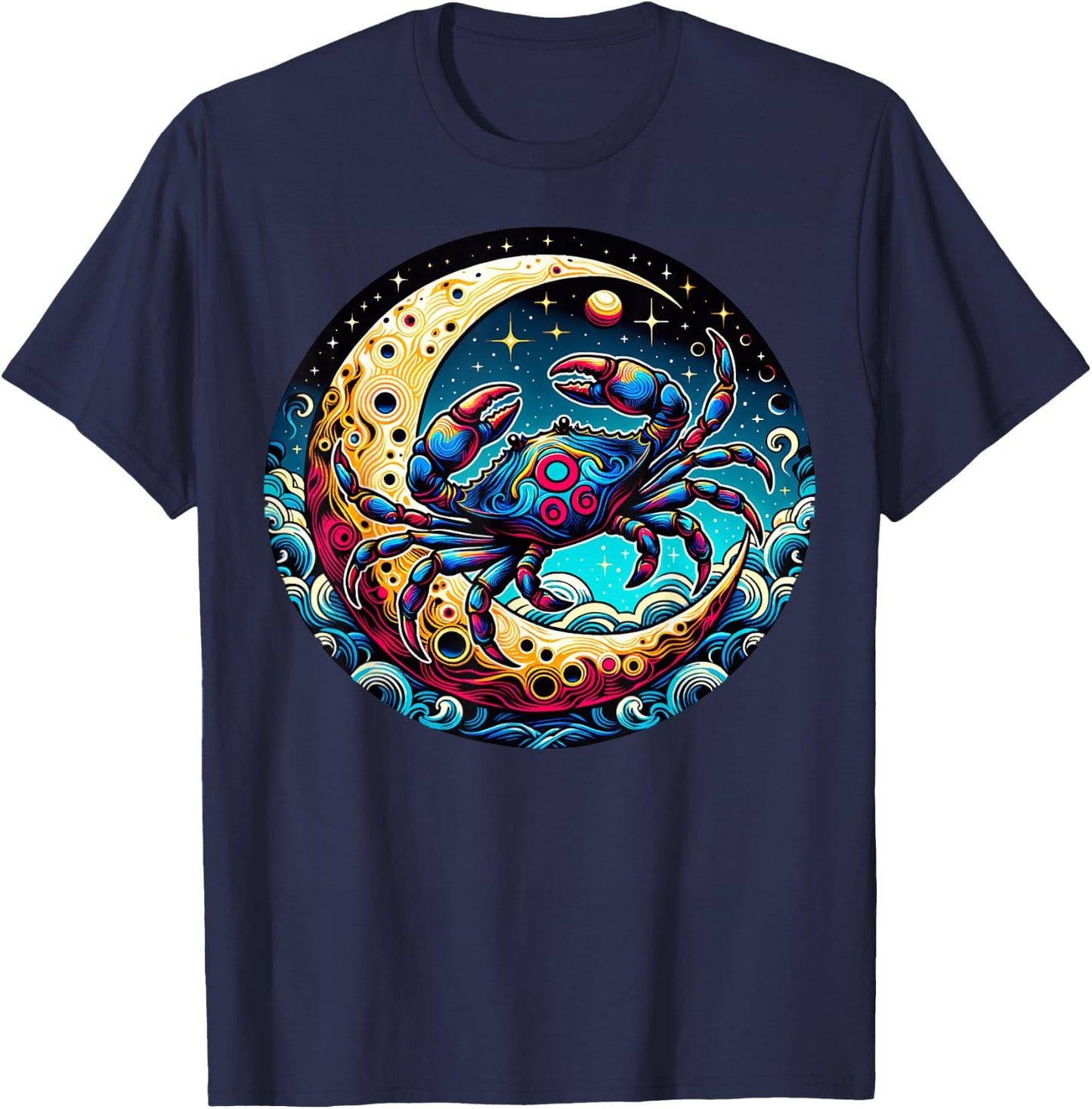 Colorful Abstract Crab On Crescent Moon With Waves And Stars T-Shirt - T-Shirt | Navy