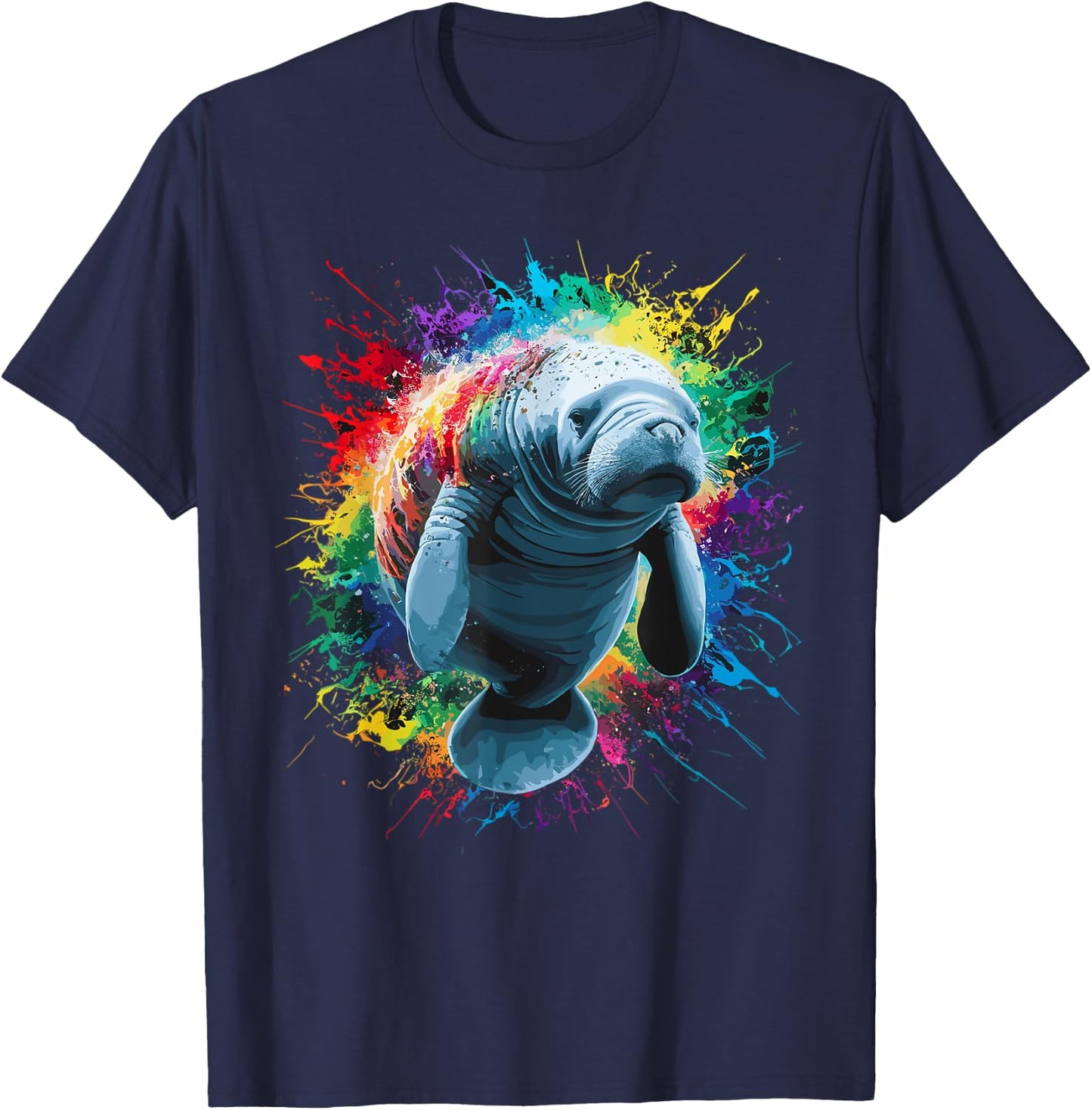 Colorful Paint Splash Cute Manatee Art Graphic T-Shirt - T-Shirt | Navy