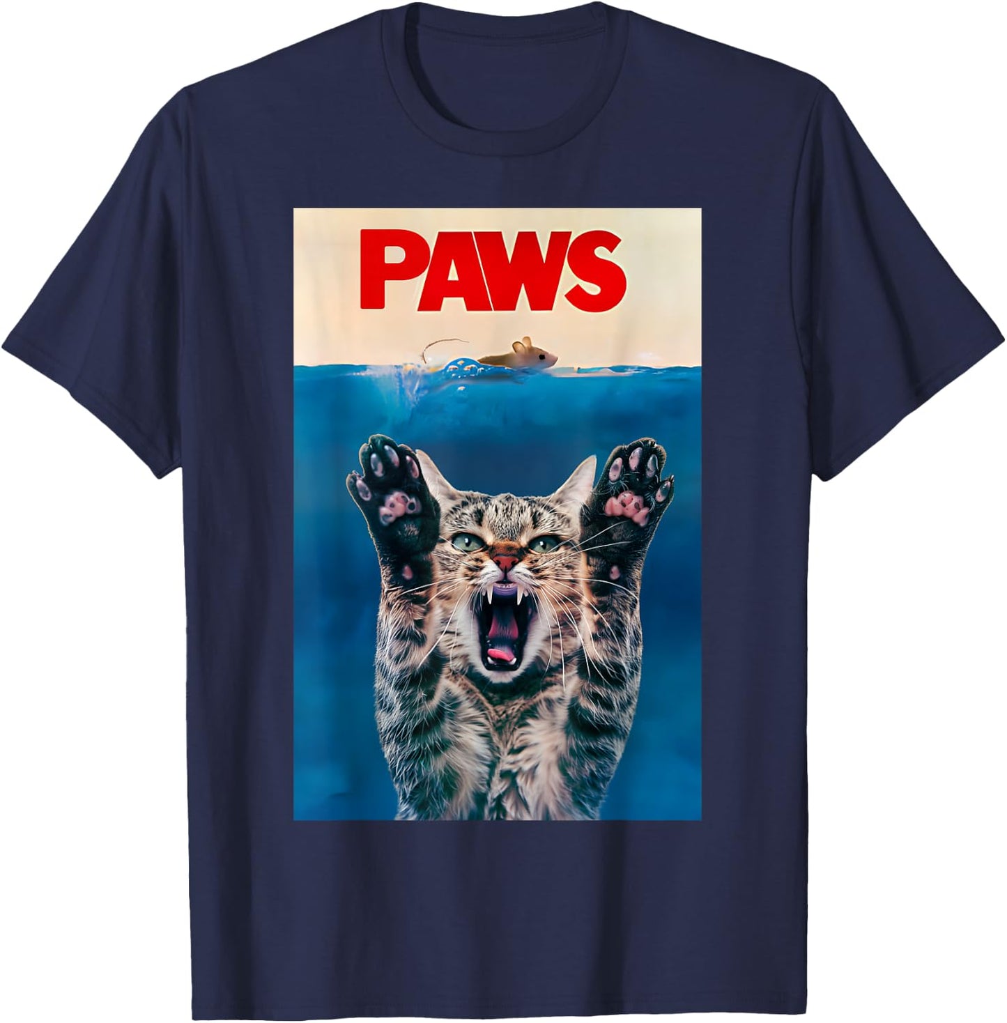 PAWS Funny Cat parody cat Lover Gift Kitten Shark Mouse meow T-Shirt - T-Shirt | Navy