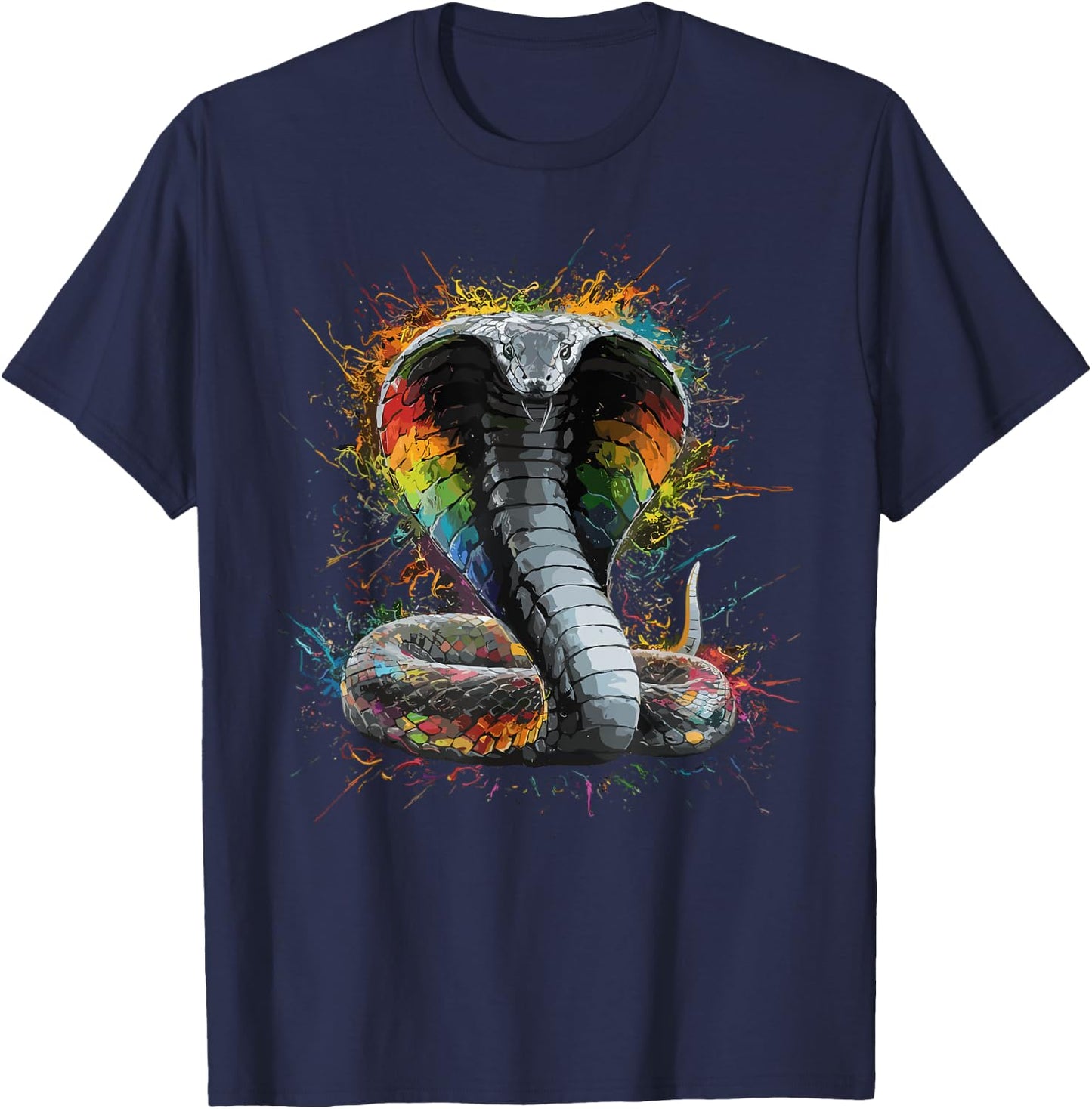 Colorful Paint Splash King Cobra Snake Art Graphic T-Shirt - T-Shirt | Navy