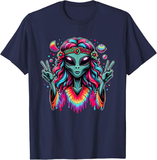Tie Dye Alien Peace Sign Funny Boho Hippie T-Shirt - T-Shirt | Navy