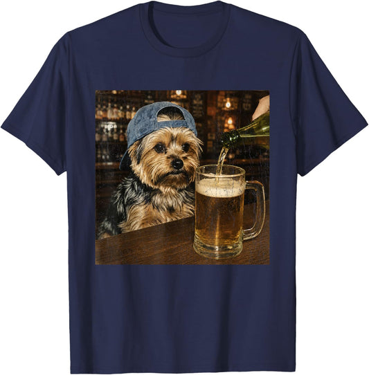 Yorkie Drinking Beer Shirt Funny Dog Meme Art Vintage T-Shirt - T-Shirt | Navy
