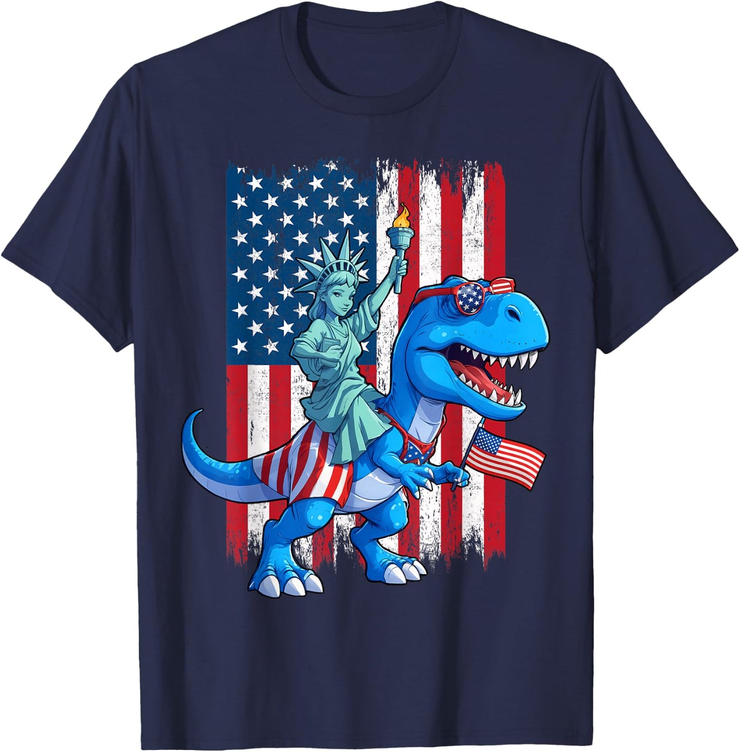 Dino Statue Of Liberty 4th Of July TRex American Flag Boys T-Shirt - T-Shirt | Navy