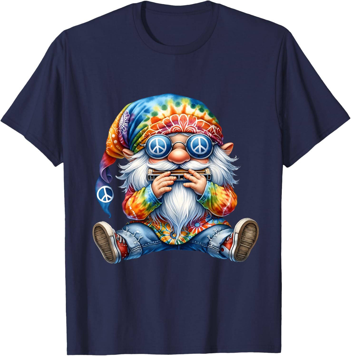 Groovy Hippie Gnome With Harmonica For Adults Funny Dad Life T-Shirt - T-Shirt | Navy