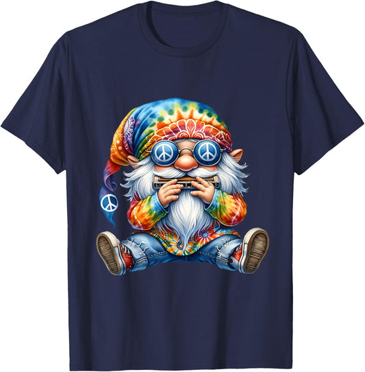 Groovy Hippie Gnome With Harmonica For Adults Funny Dad Life T-Shirt - T-Shirt | Navy