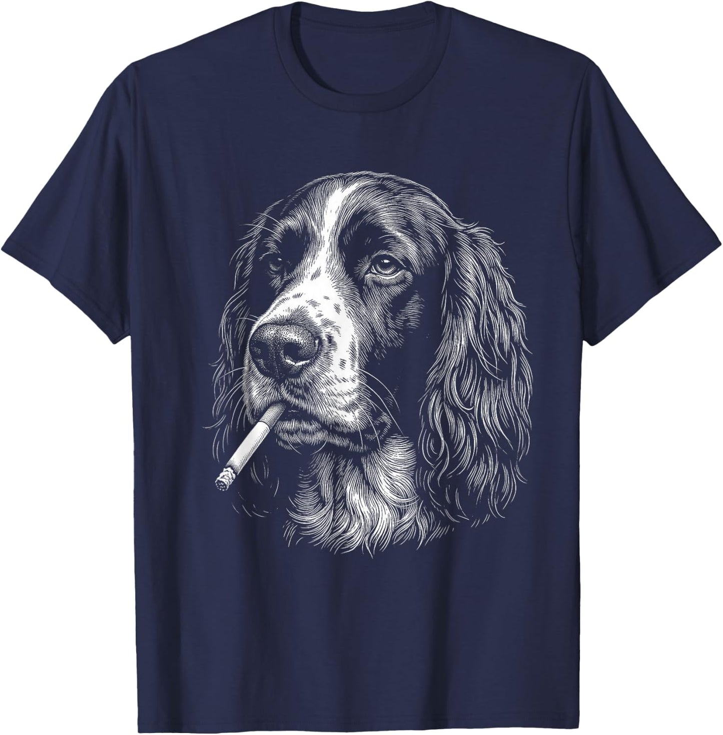 English Springer Spaniel Smoking Cigarette Dog Funny Meme T-Shirt - T-Shirt | Navy