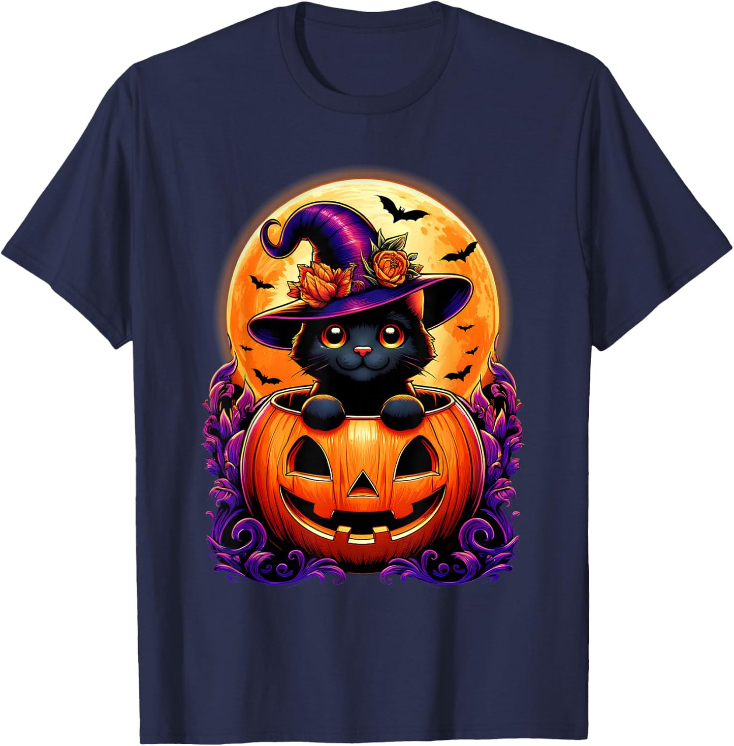 Black Cat Witch Hat Pumpkin Funny Halloween Men Women Kids T-Shirt - T-Shirt | Navy