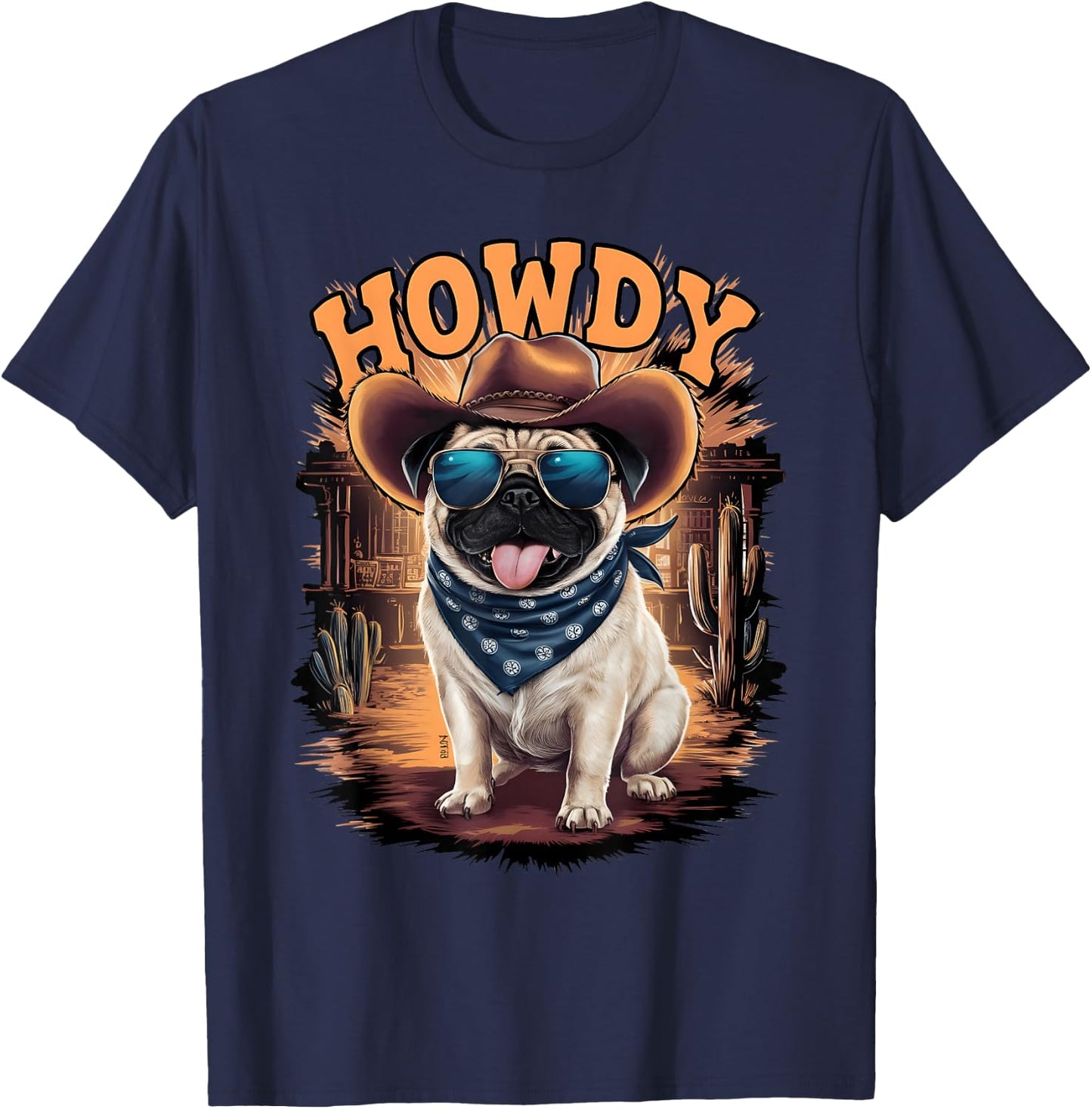 Pug Funny Cowboy Cowgirl Western Country Animal T-Shirt - T-Shirt | Navy