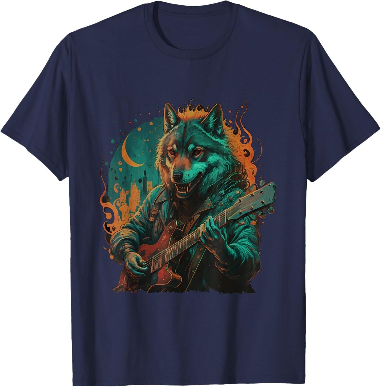 Wolf Playing Guitar Lover Rock Star Rock And Roll Guitarist T-Shirt - T-Shirt | Navy