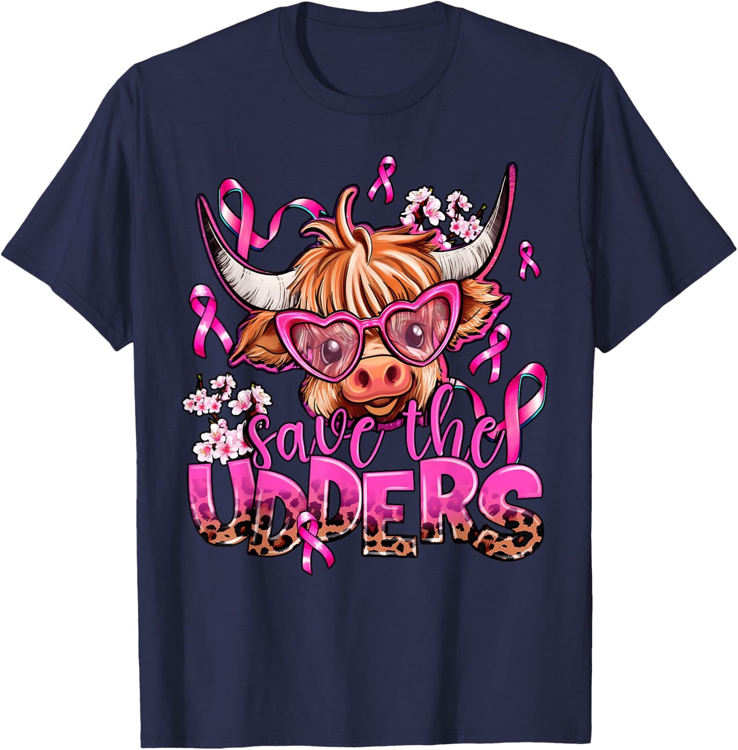 Save The Udders Highland Cow Pink Breast Cancer Awareness T-Shirt - T-Shirt | Navy