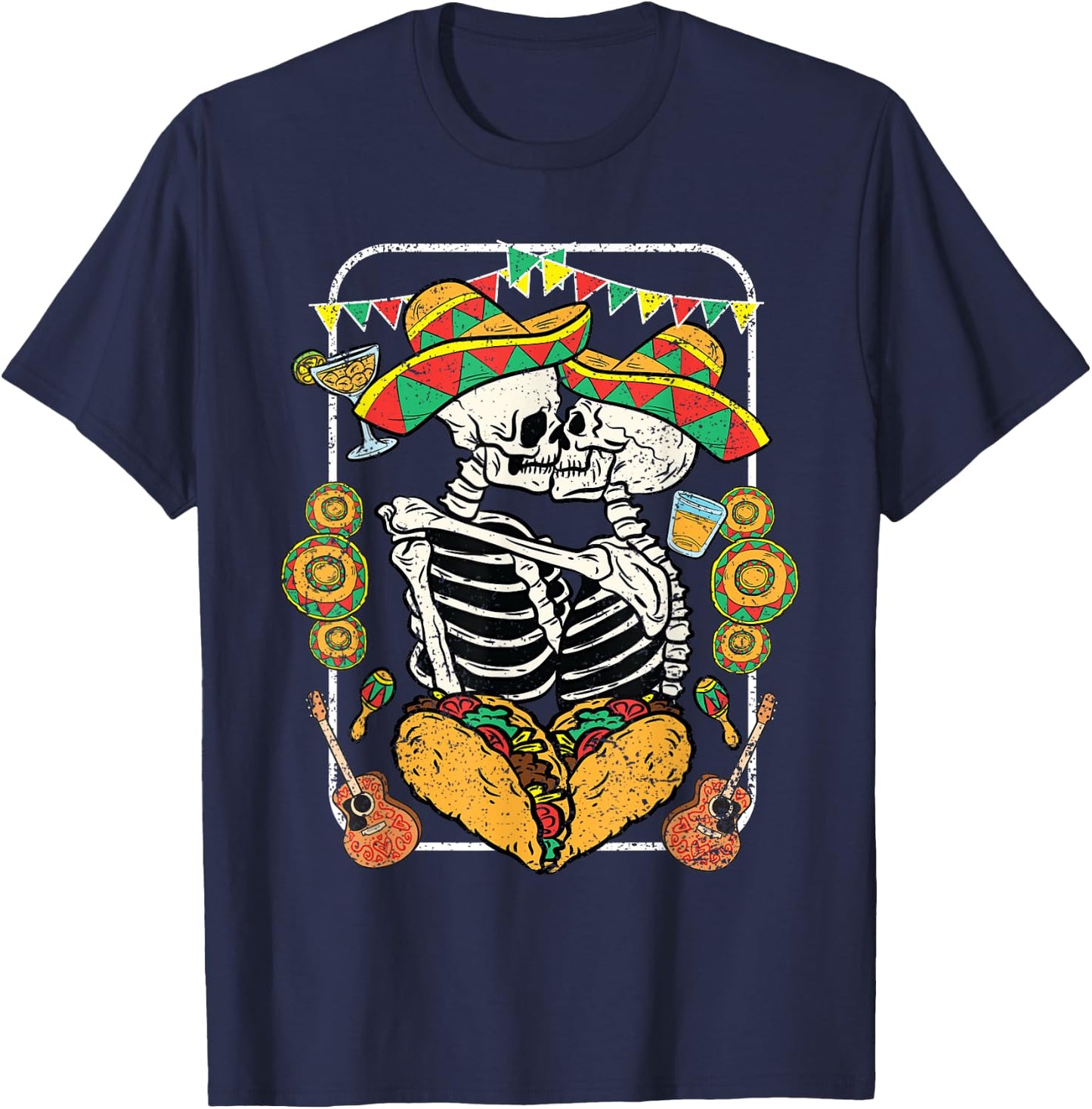Skeleton Kissing Cinco De Mayo Mexican Sombrero Taco Heart T-Shirt - T-Shirt | Navy