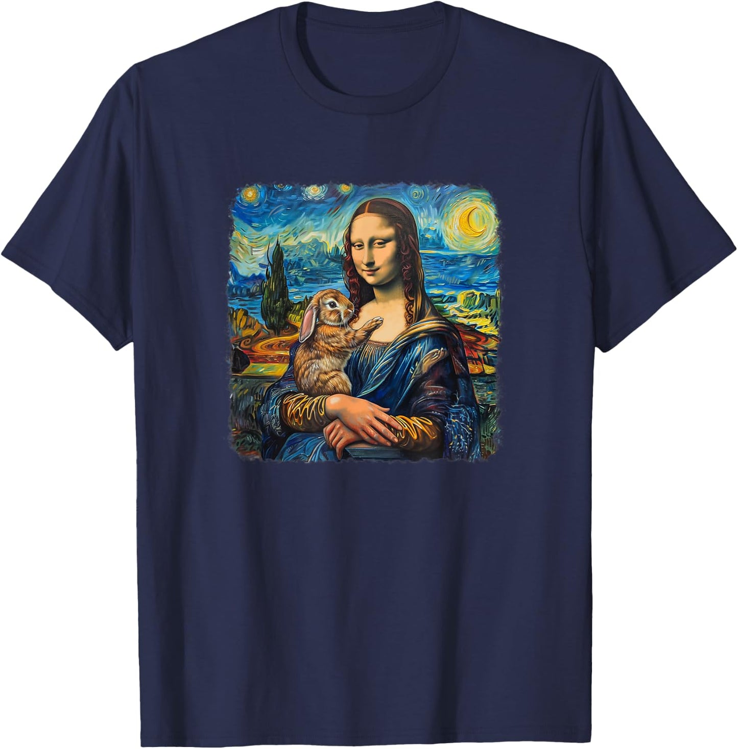 Mona Lisa with Rabbit Van Gogh Starry Night Painting T-Shirt - T-Shirt | Navy
