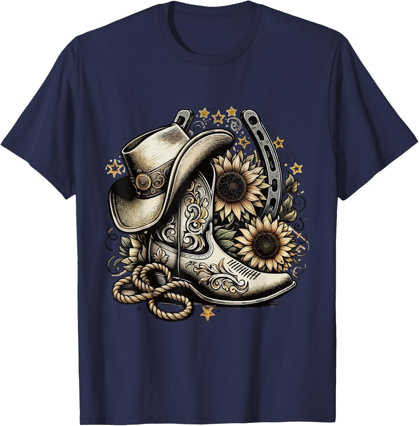 Western Cowboy Boot Horseshoe Sunflower Rope Cowgirl country , Small, Black T-Shirt - T-Shirt | Navy