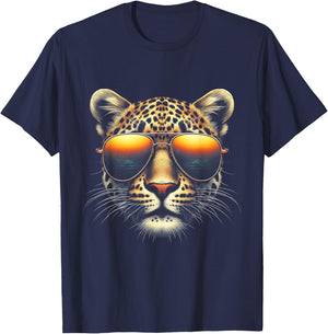 Leopard Face Wearing Sunglasses Animal Leopard Photography T-Shirt - T-Shirt | Navy