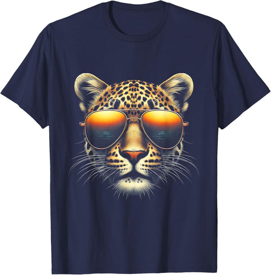 Leopard Face Wearing Sunglasses Animal Leopard Photography T-Shirt - T-Shirt | Navy