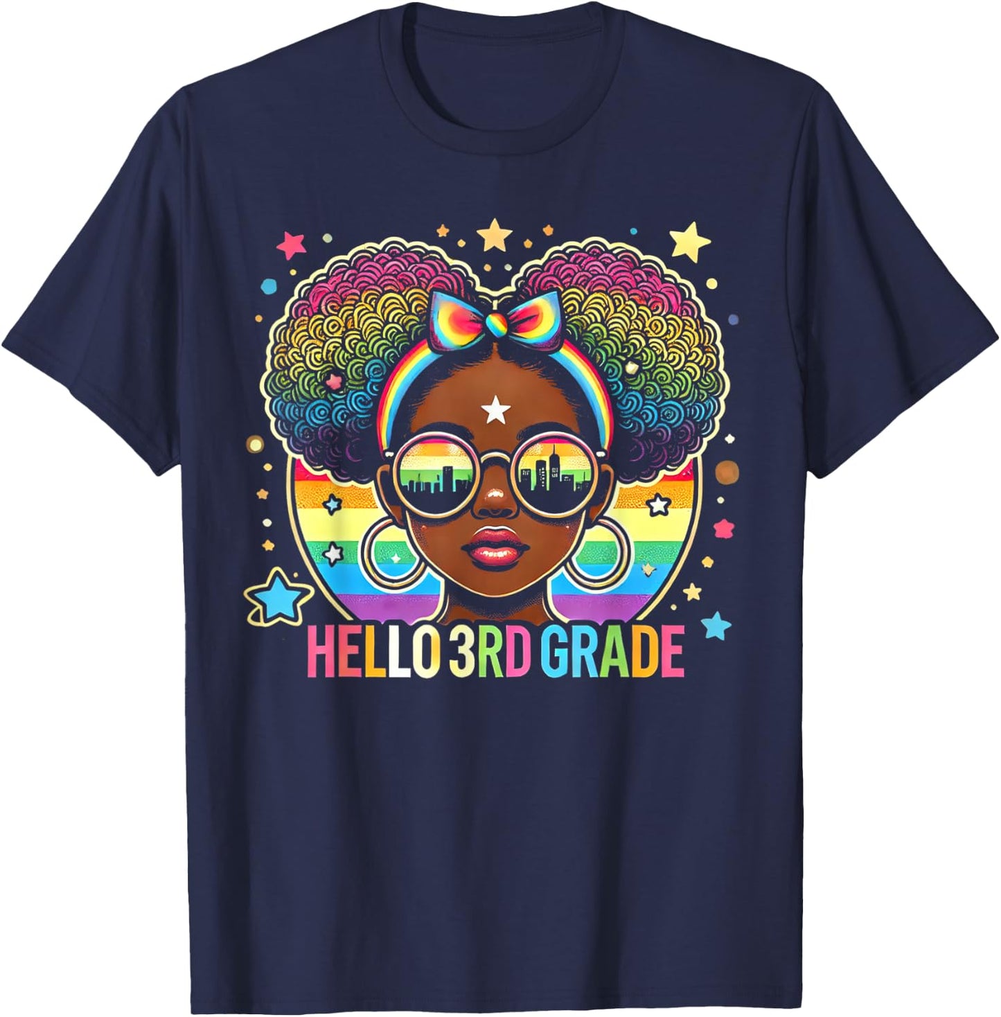 Hello 3rd Grade Black Messy Bun Girls Kids Back To School T-Shirt - T-Shirt | Navy