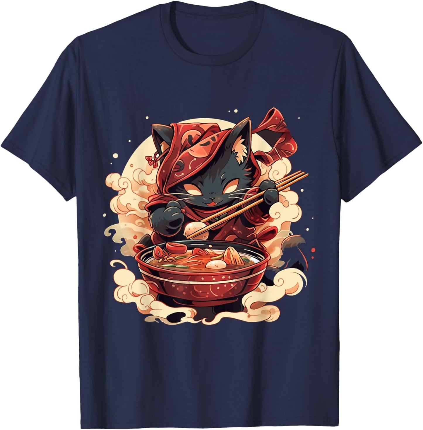 Japanese Art Ramen Cat Ninja Ukiyo-e Anime Style Samurai Cat T-Shirt - T-Shirt | Navy