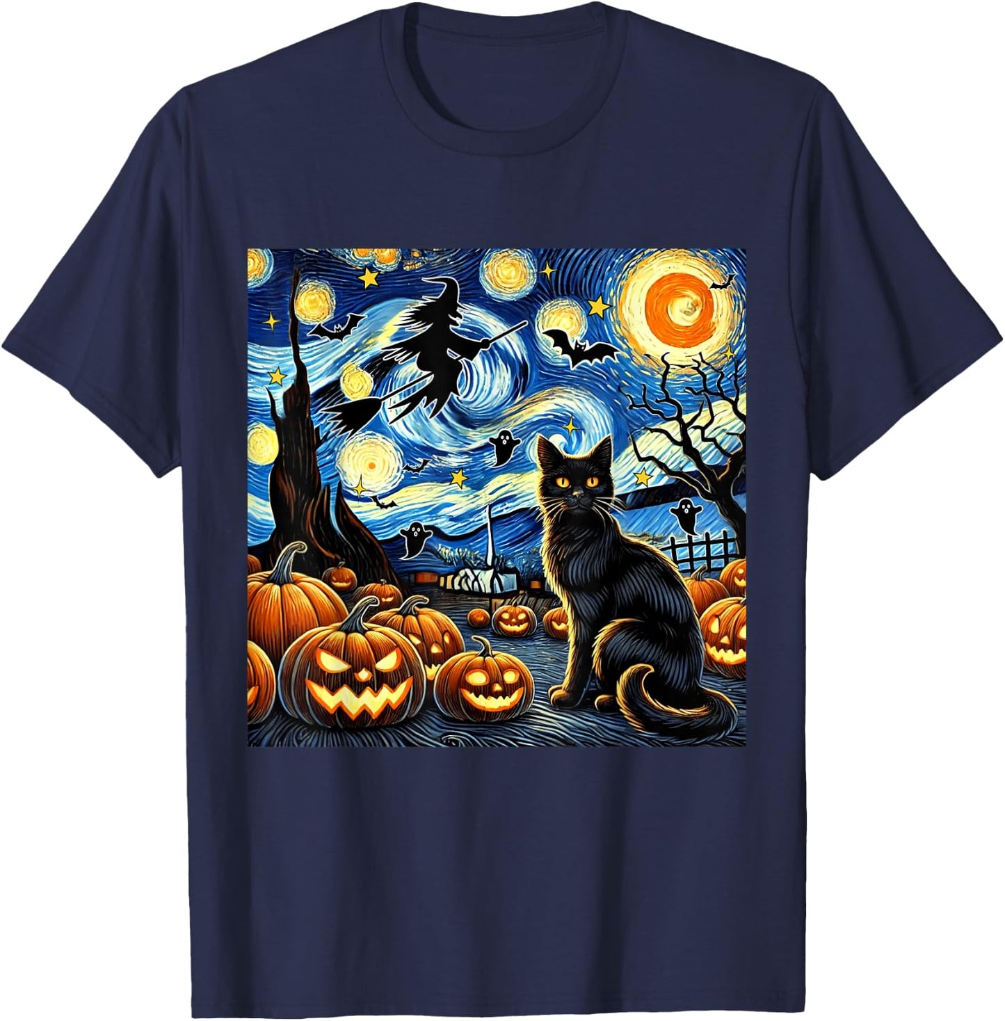 Halloween Cat Van Gogh Starry Night Witch Bats Pumpkin Women Kids T-Shirt - T-Shirt | Navy
