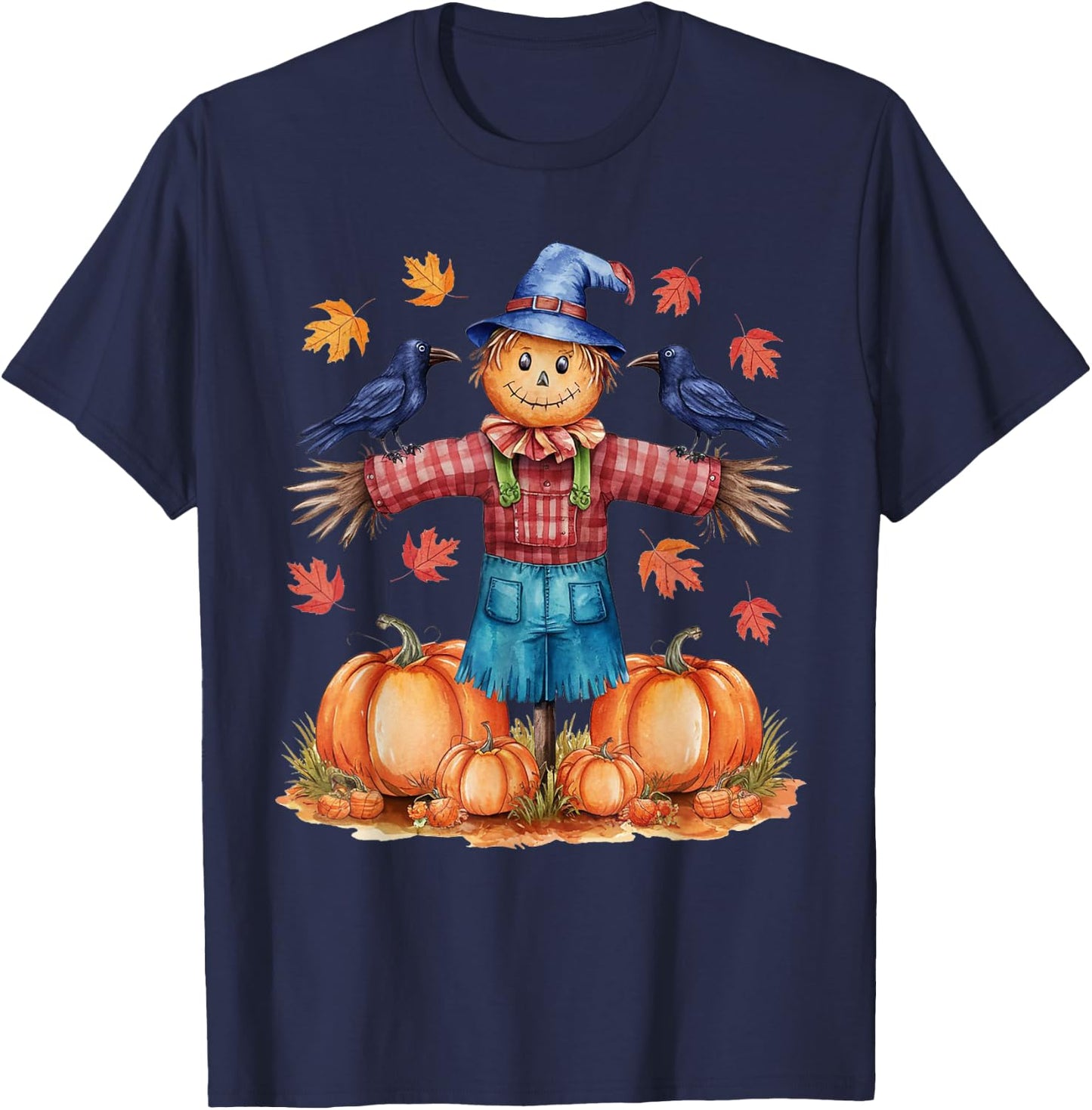 Scarecrow Autumn Hello Fall Pumpkin Thanksgiving Halloween T-Shirt - T-Shirt | Navy