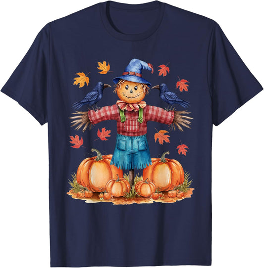 Scarecrow Autumn Hello Fall Pumpkin Thanksgiving Halloween T-Shirt - T-Shirt | Navy