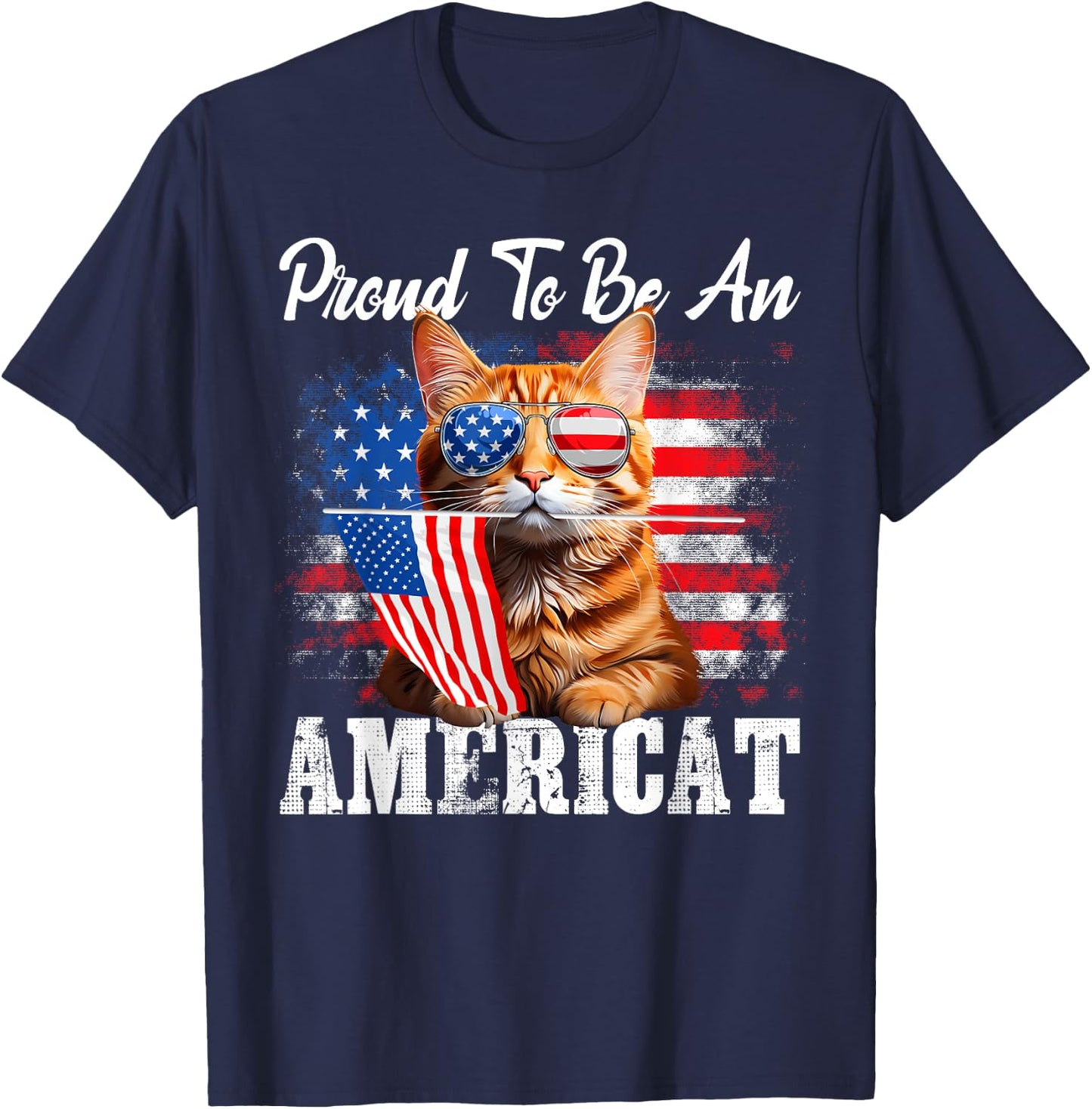 Proud To Be An Americat Orange Cat American Flag 4th Of July T-Shirt - T-Shirt | Navy