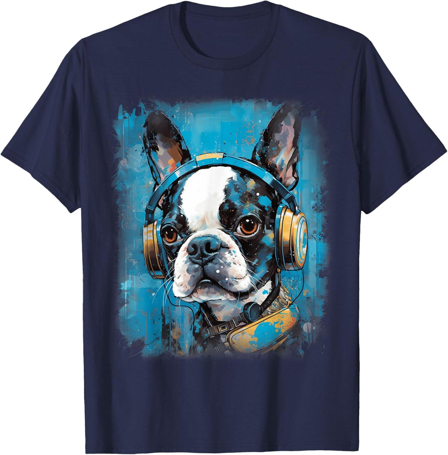 Rave EDM Boston Terrier Dog Headphone Women Kids T-Shirt - T-Shirt | Navy